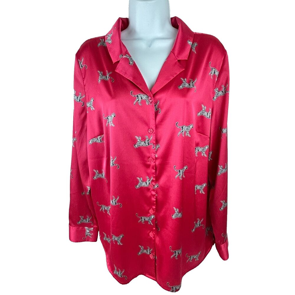 Denim & Company Pink Satin Tiny Leopard Print Top Shirt Blouse Size L